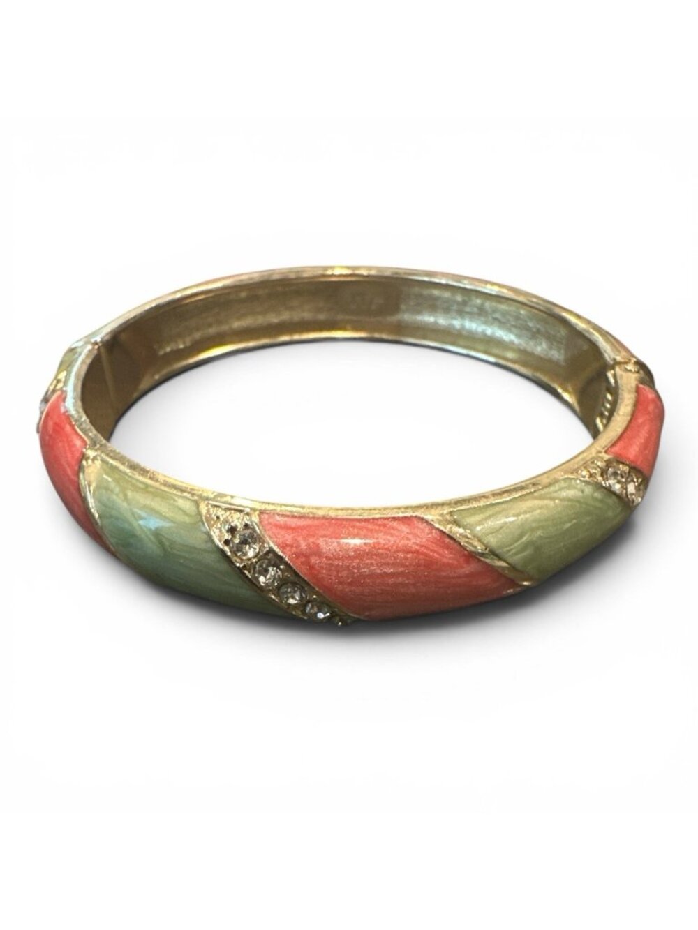 Enamel Bangle Bracelet Gold Tone Rhinestone Signed JTF 7” Green Pink